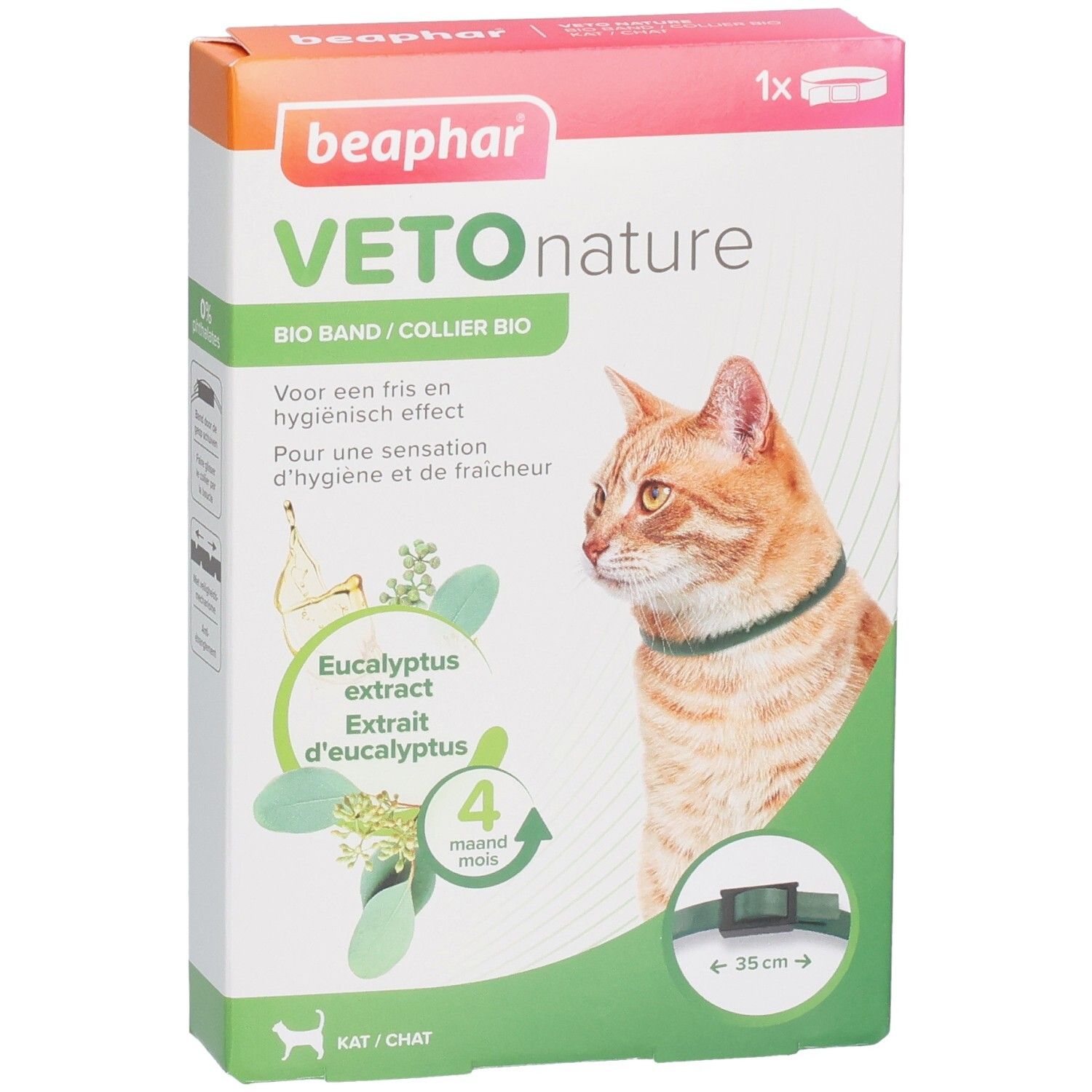 Vue de face de la boîte Beaphar Vetonature Bio Band Eucalyptus Kat. Chat avec collier. Contient de l'extrait d'eucalyptus. 4 mois.