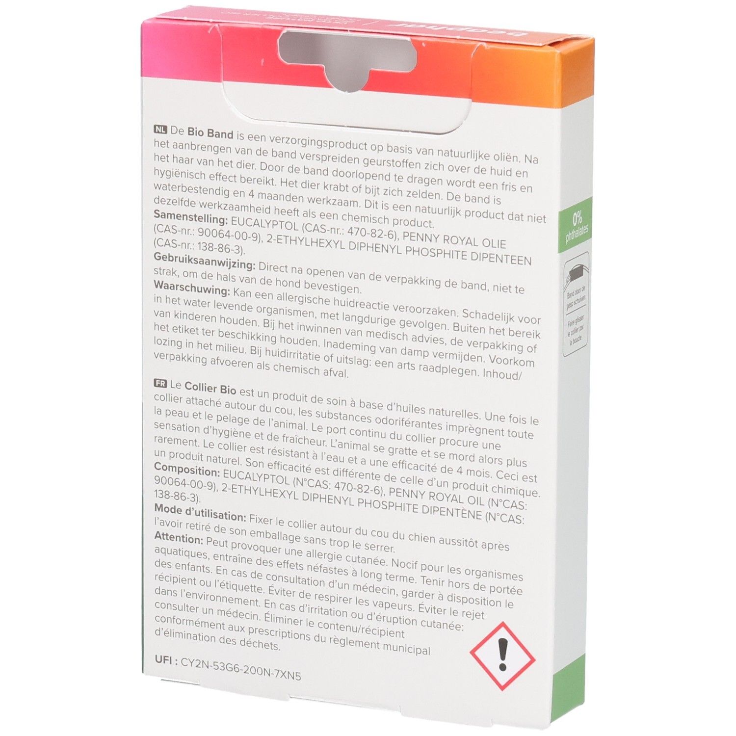 Rückseite der Beaphar Vetonature Bio Band Verpackung für Hunde.