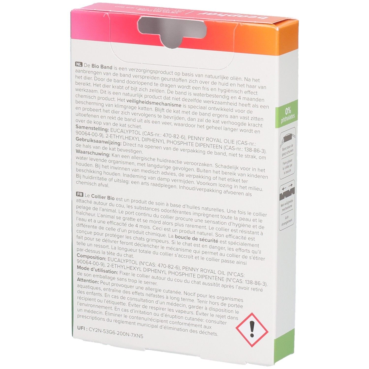 Dos de la boîte Beaphar Vetonature Bio Band. Informations produit et ingrédients. Avertissement.