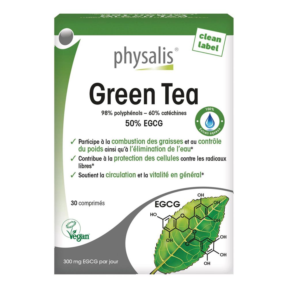 Packung Physalis Green Tea. 30 Tabletten. 98% Polyphenole, 60% Katechine, 50% EGCG. Vegan-Siegel. Neue Formel.