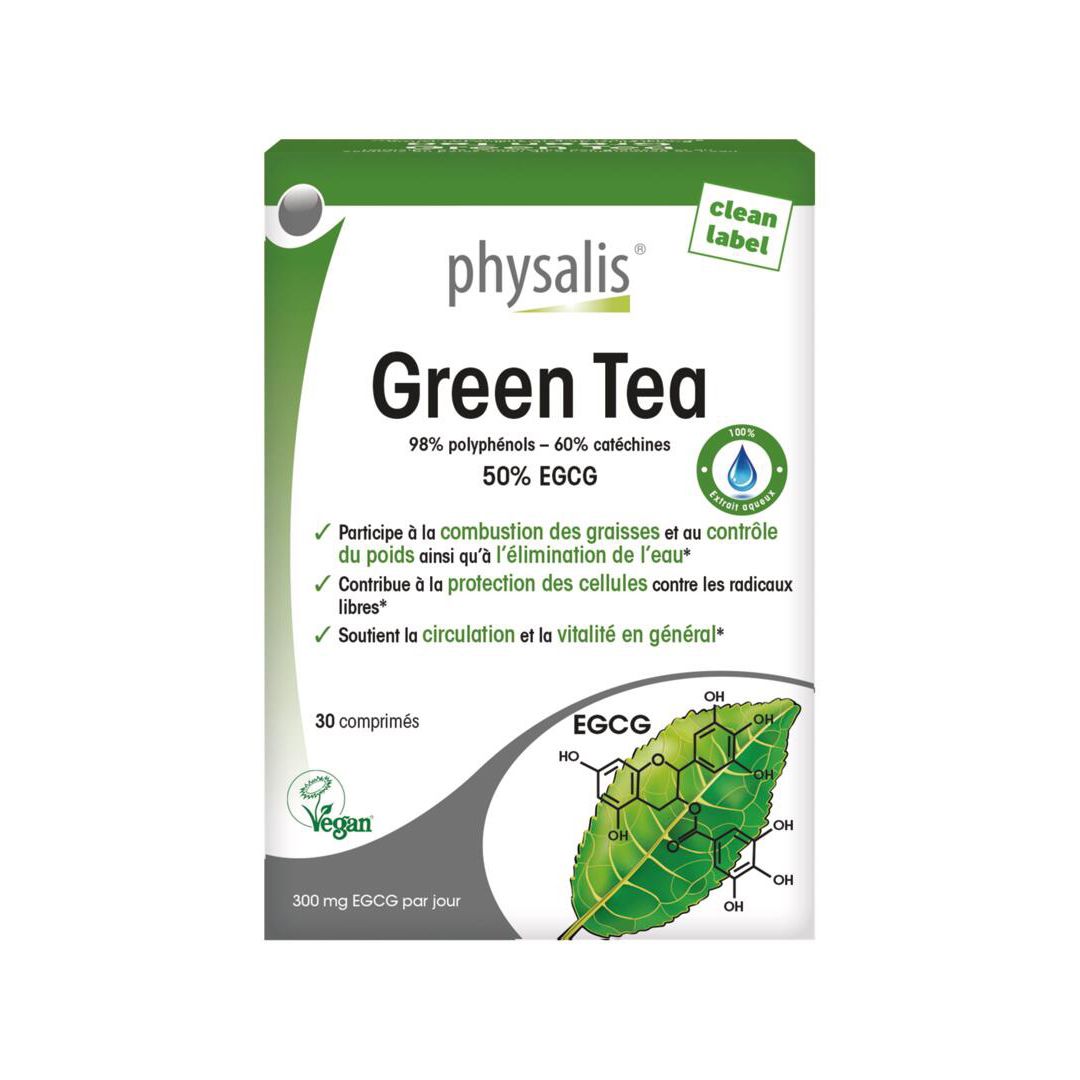 Boîte Physalis Green Tea. 30 comprimés. 98% polyphénols, 60% catéchines, 50% EGCG. Label vegan. Nouvelle formule.