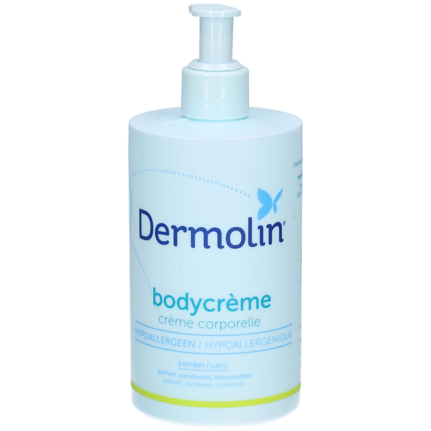 Hellblaue Flasche mit Spender. Aufschrift: Dermolin bodycrème. Hypoallergen. Ohne Parfüm, Farbstoffe, Konservierungsmittel.