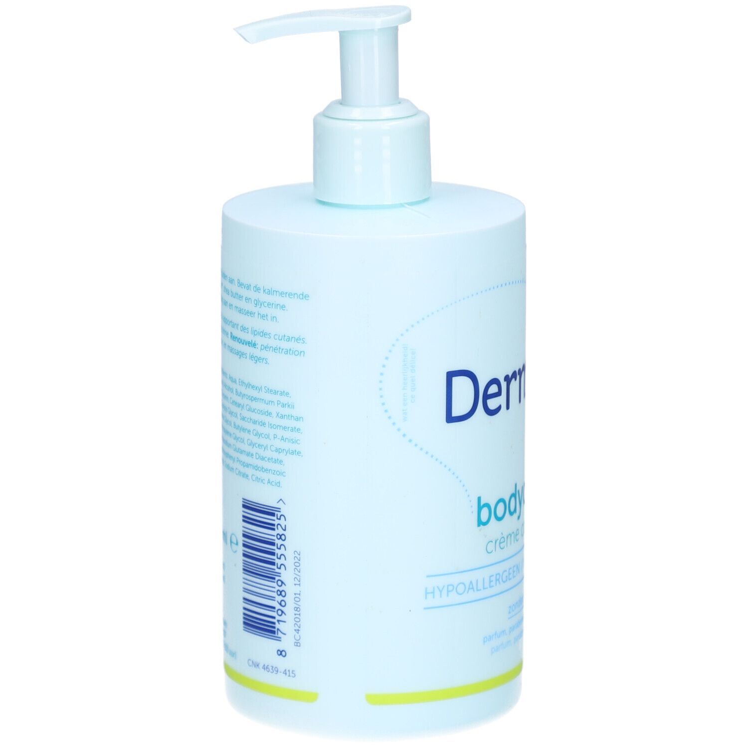 Hellblaue Flasche mit Spender. Rückseite mit Text und Barcode. Aufschrift: Dermolin bodycrème. Hypoallergen.