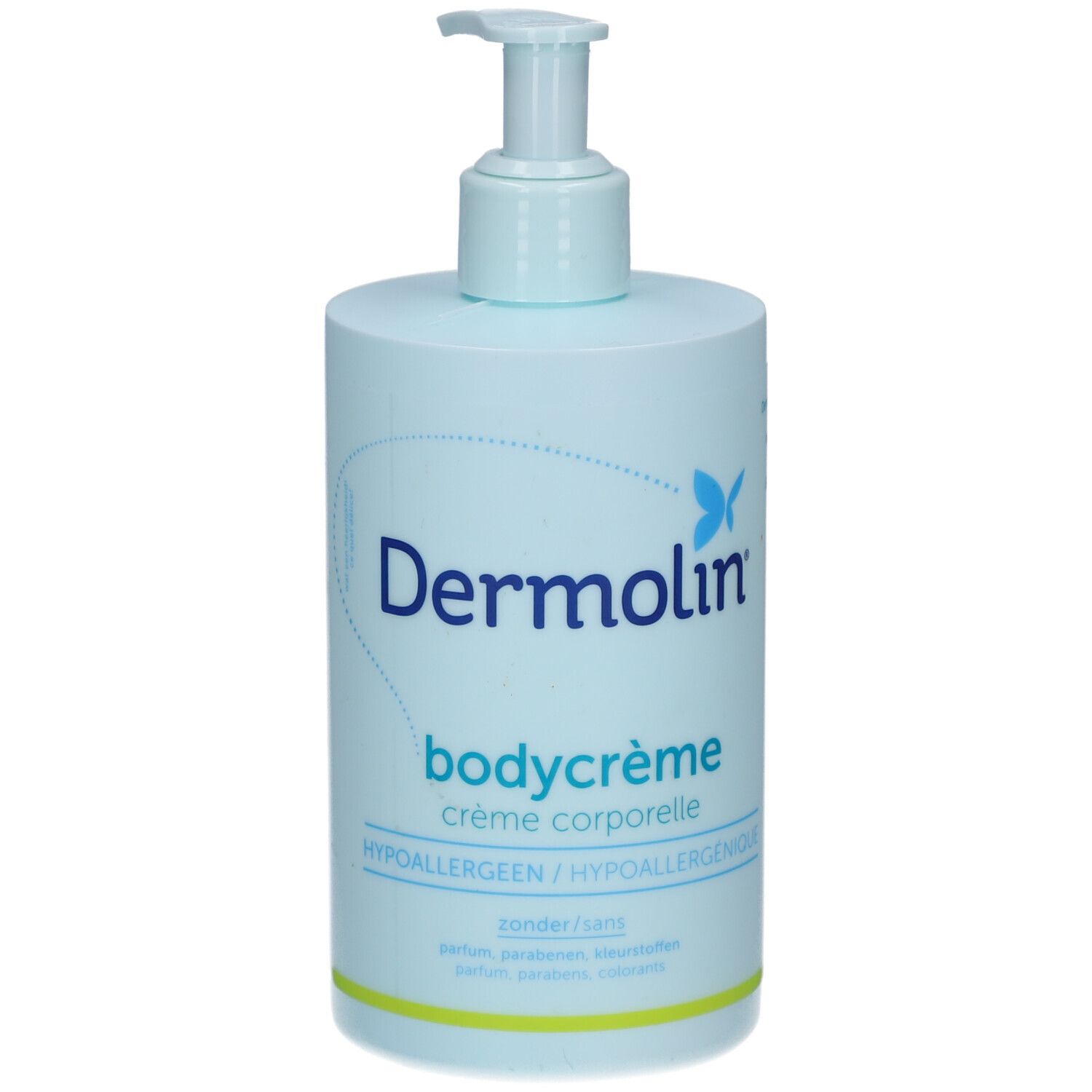 Hellblaue Flasche mit Spender. Aufschrift: Dermolin bodycrème. Hypoallergen. Ohne Parfüm, Farbstoffe, Konservierungsmittel.