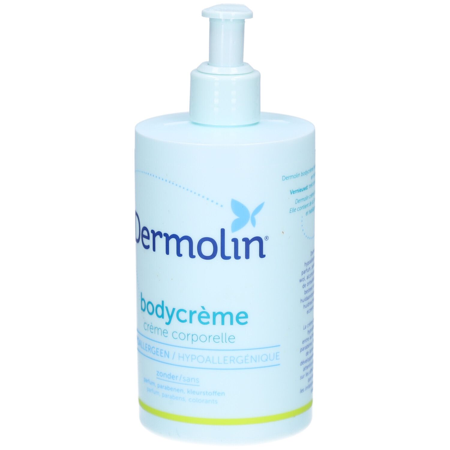 Hellblaue Flasche mit Spender. Aufschrift: Dermolin bodycrème. Hypoallergen. Ohne Parfüm, Farbstoffe, Konservierungsmittel.