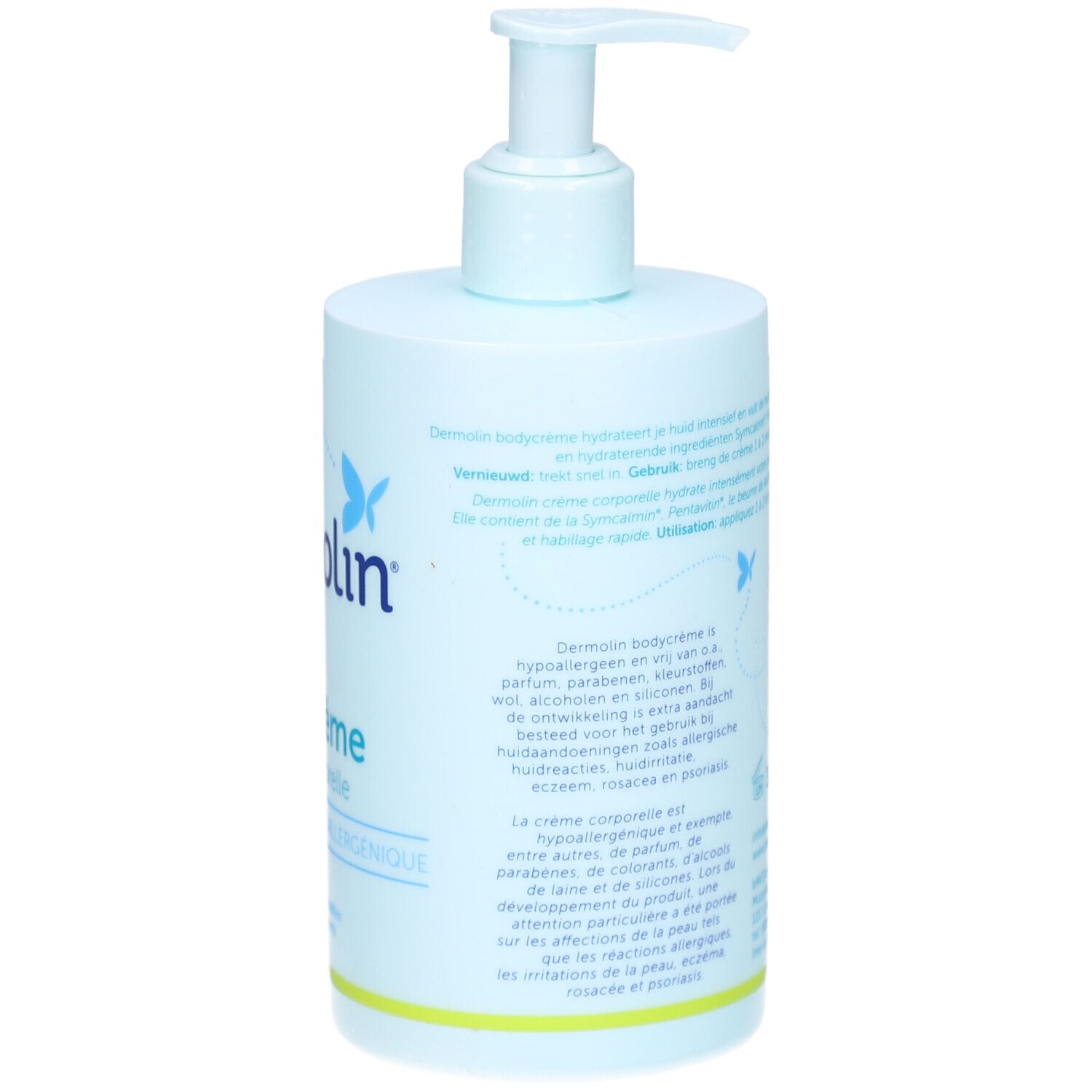 Hellblaue Flasche mit Spender. Rückseite mit Text. Aufschrift: Dermolin bodycrème. Hypoallergen. Ohne Parfüm, etc.