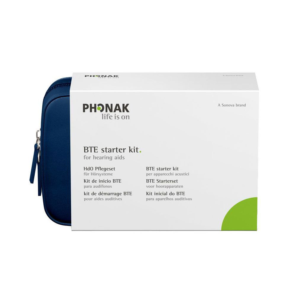Kit de démarrage Phonak BTE. Emballage blanc, sac noir zippé. Nom du produit et texte.