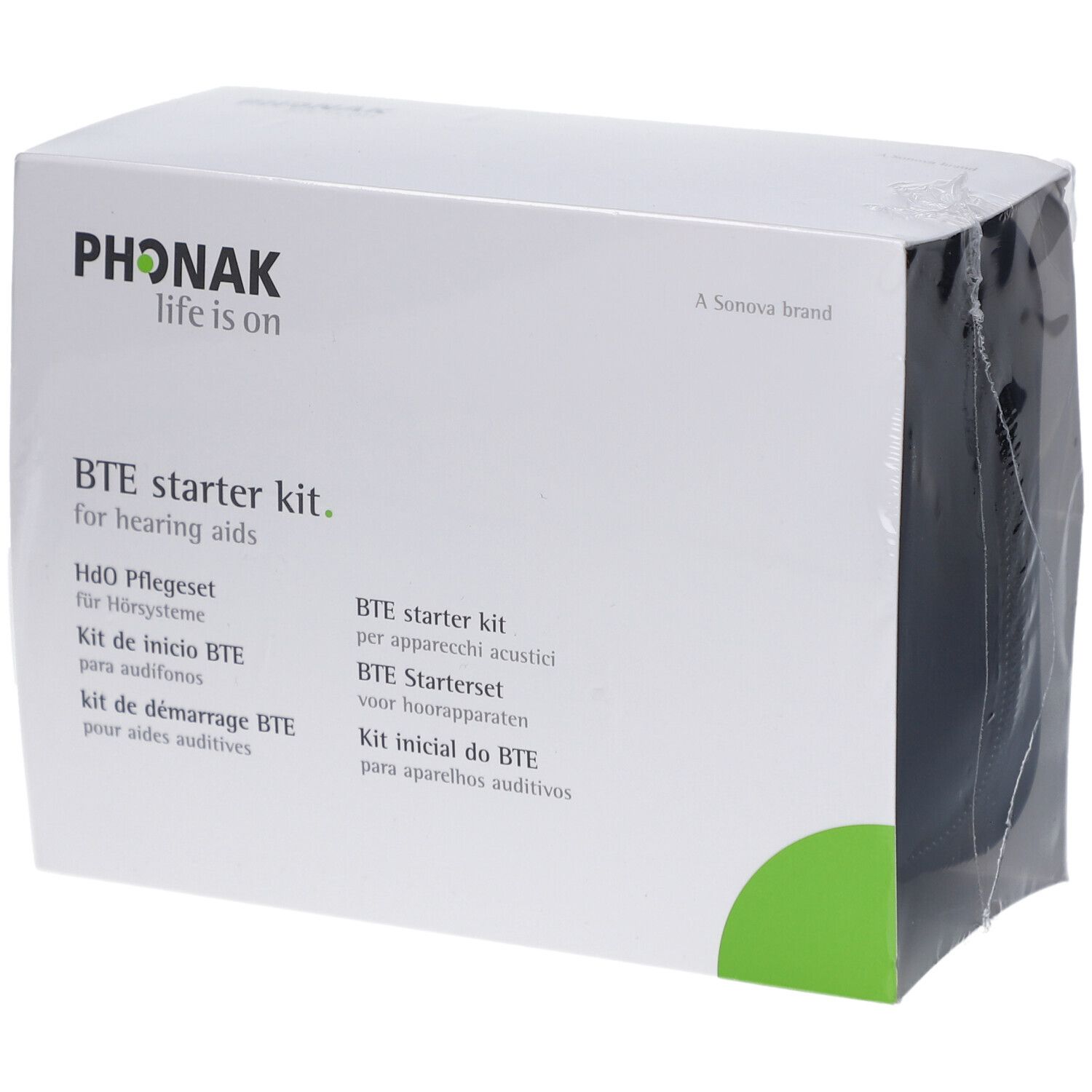 Phonak BTE Starterkit. Weiße Verpackung mit Produktnamen und mehrsprachigen Texten. Schwarze Tasche sichtbar.