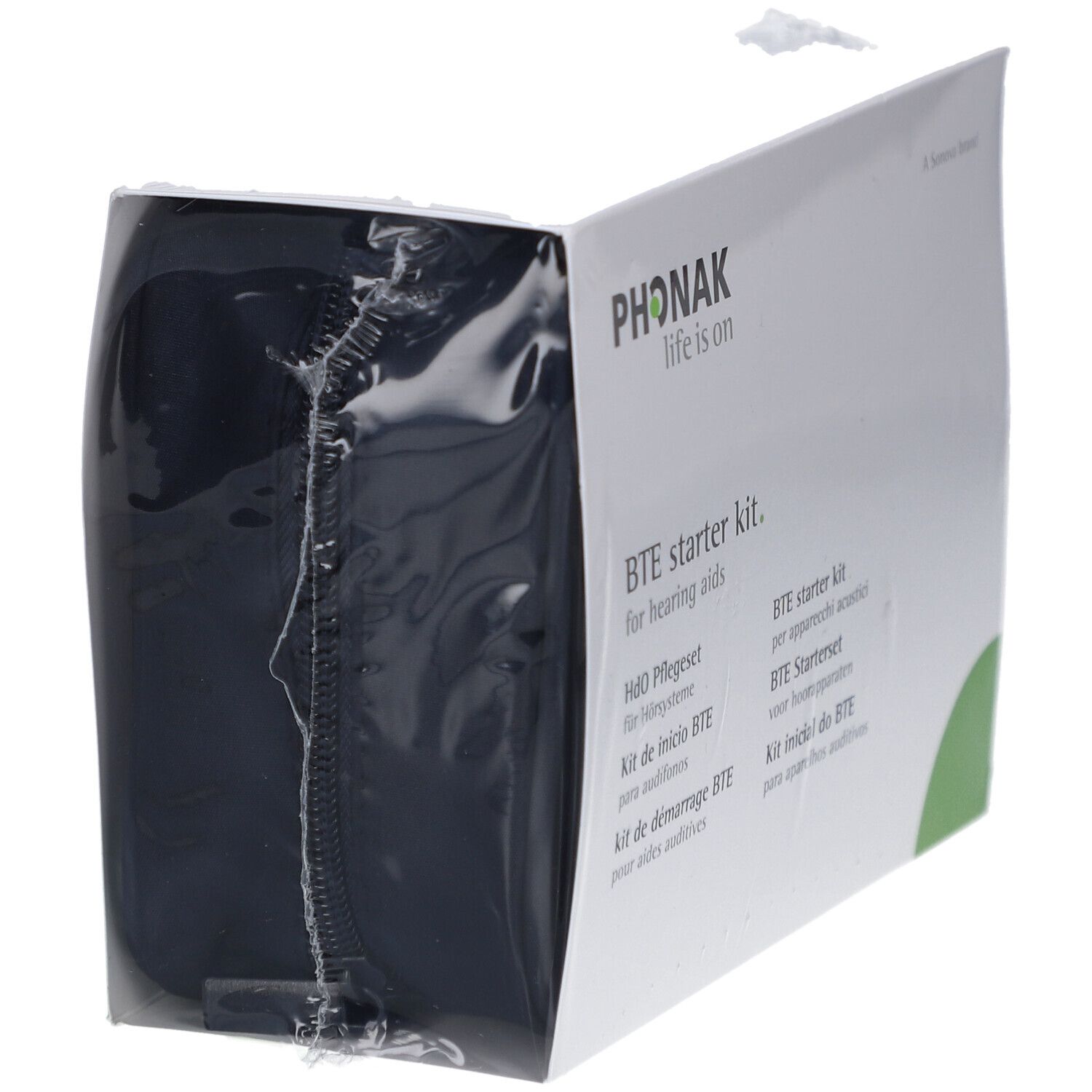 Phonak BTE Starterkit. Weiße Verpackung mit Produktnamen und Text. Schwarze Tasche mit Reißverschluss.