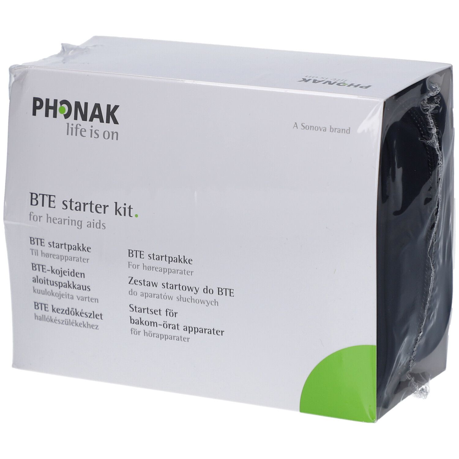 Phonak BTE Starterkit. Weiße Verpackung mit Produktnamen und mehrsprachigen Texten. Schwarze Tasche sichtbar.