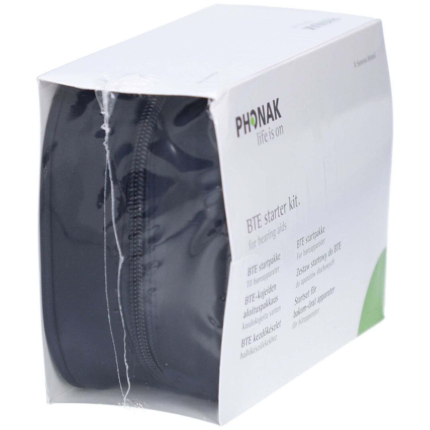 Phonak BTE Starterkit. Weiße Verpackung mit Produktnamen und Text. Schwarze Tasche mit Reißverschluss.