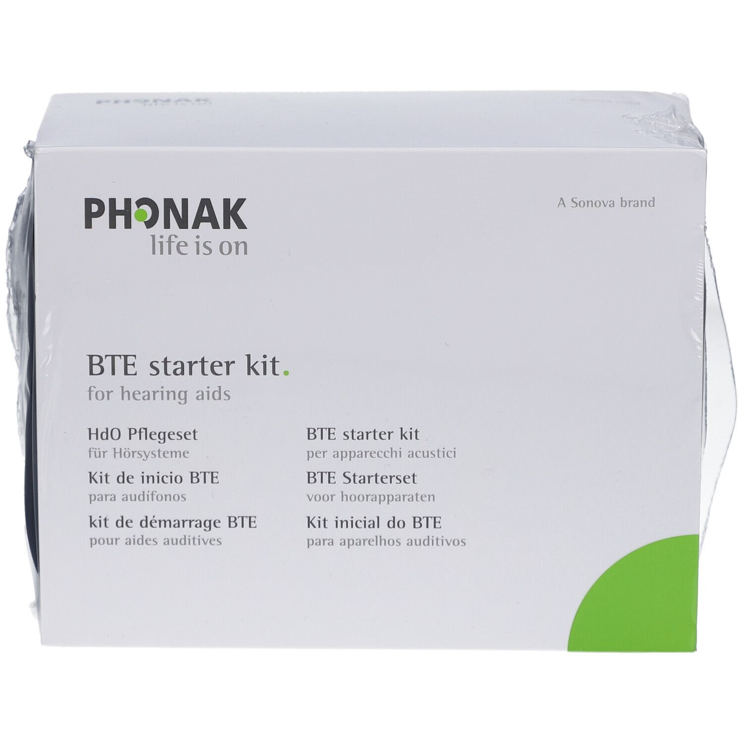 Phonak BTE Starterkit. Weiße Verpackung mit Produktnamen und mehrsprachigen Texten. Schwarze Tasche sichtbar.