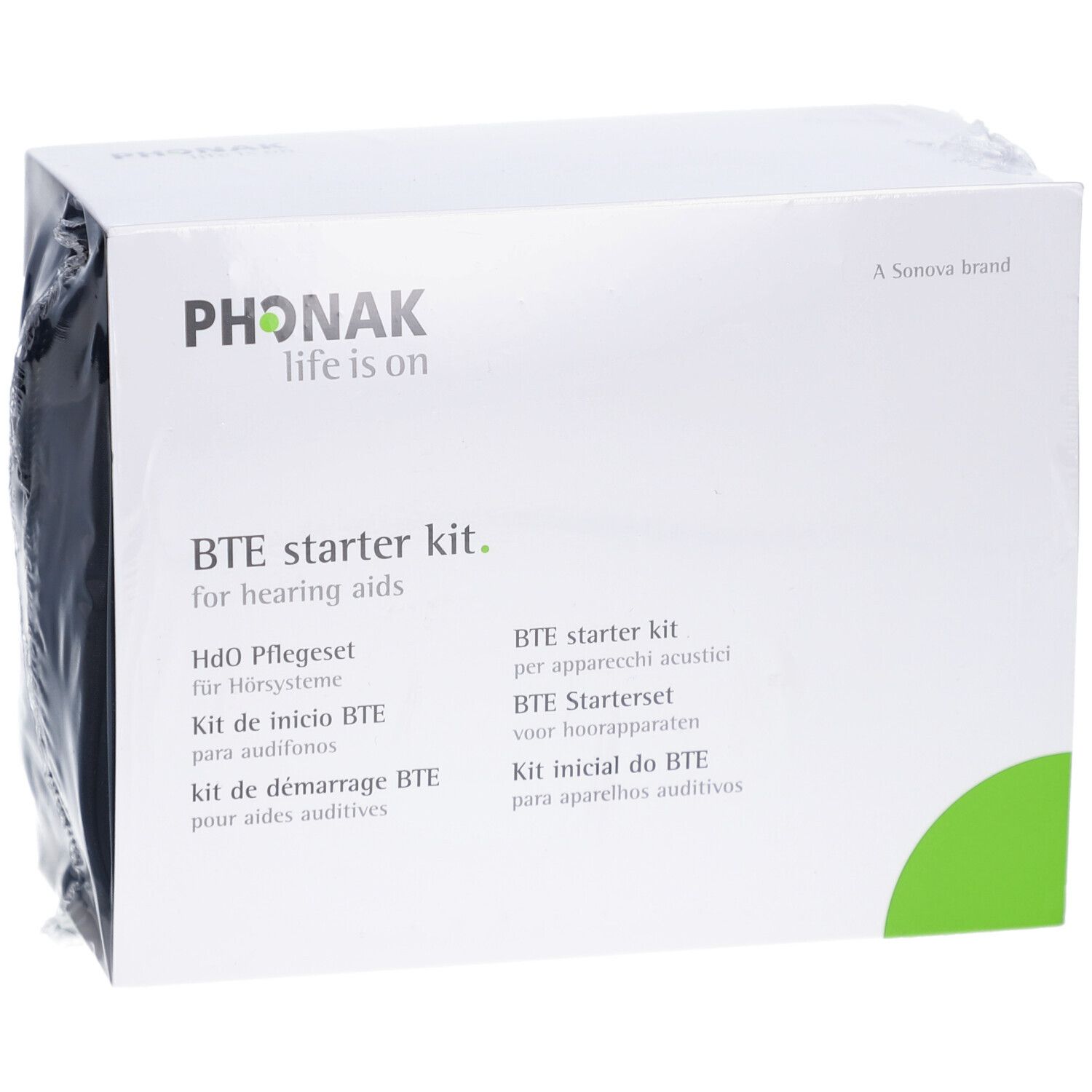 Phonak BTE Starterkit. Weiße Verpackung mit Produktnamen und Text. Schwarze Tasche sichtbar.