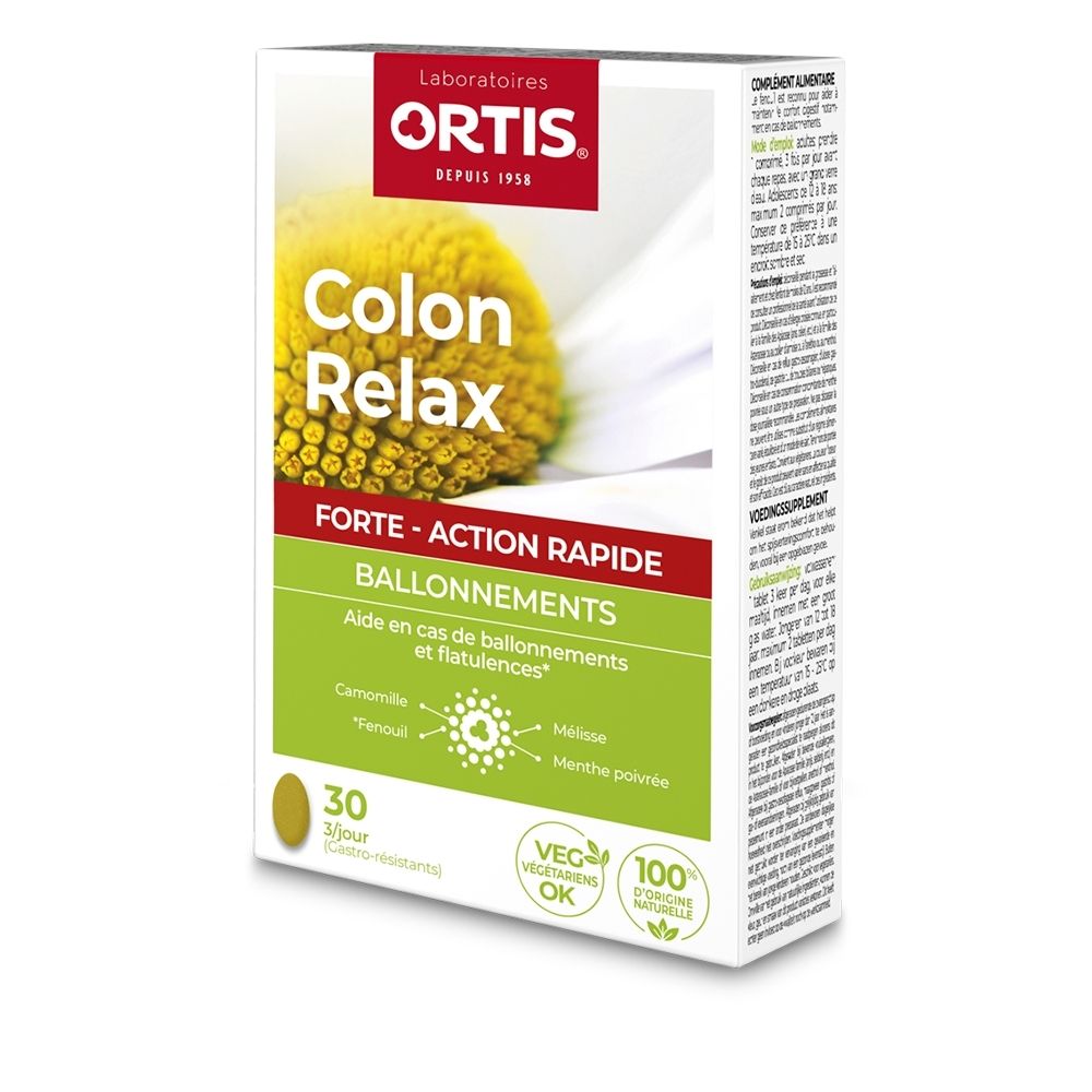 Boîte Ortis Colon Relax Forte avec fleur de camomille, 30 comprimés gastro-résistants.