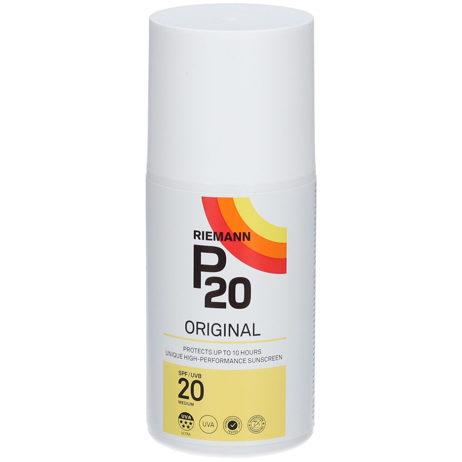 Weiße Flasche mit RIEMANN P20 Original Sonnenschutz SPF20. Gelbes Feld mit SPF 20. Farblogo.