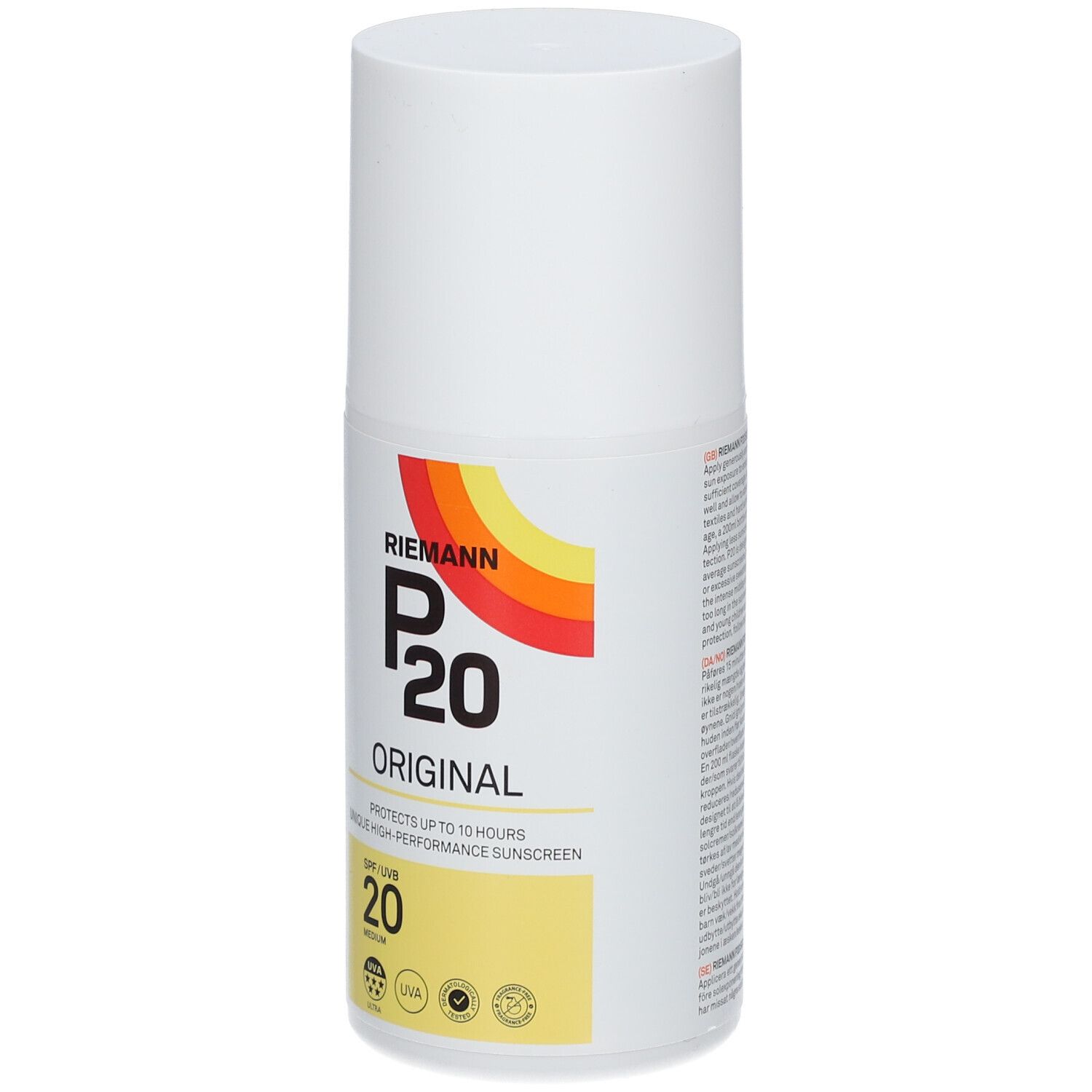 Weiße Flasche RIEMANN P20 Original Sonnenschutz SPF20. Gelbes Feld mit SPF 20. Farblogo.