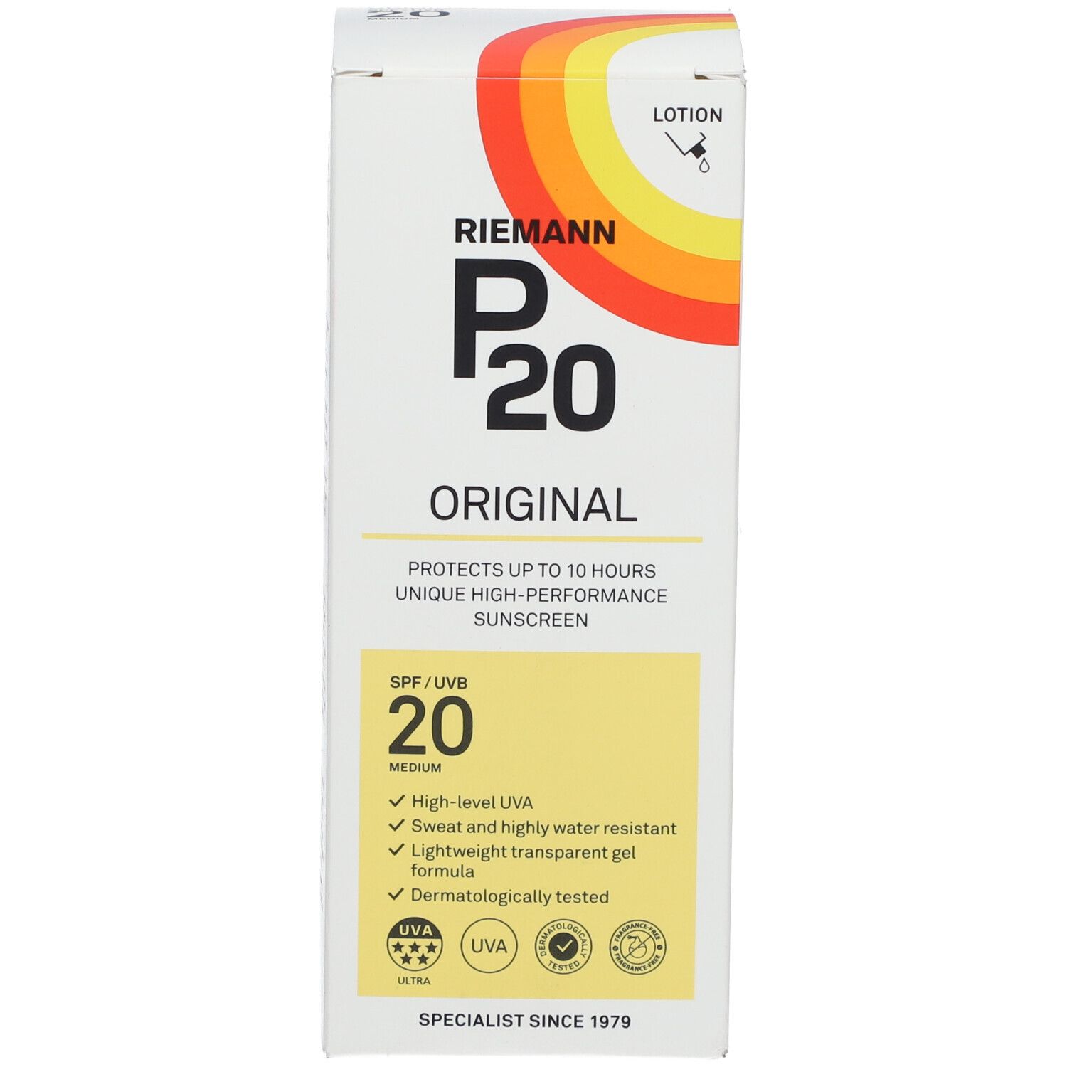 RIEMANN P20 Original SPF20 Schachtel. Gelbes Feld mit SPF 20. Farblogo. Lotion-Symbol.