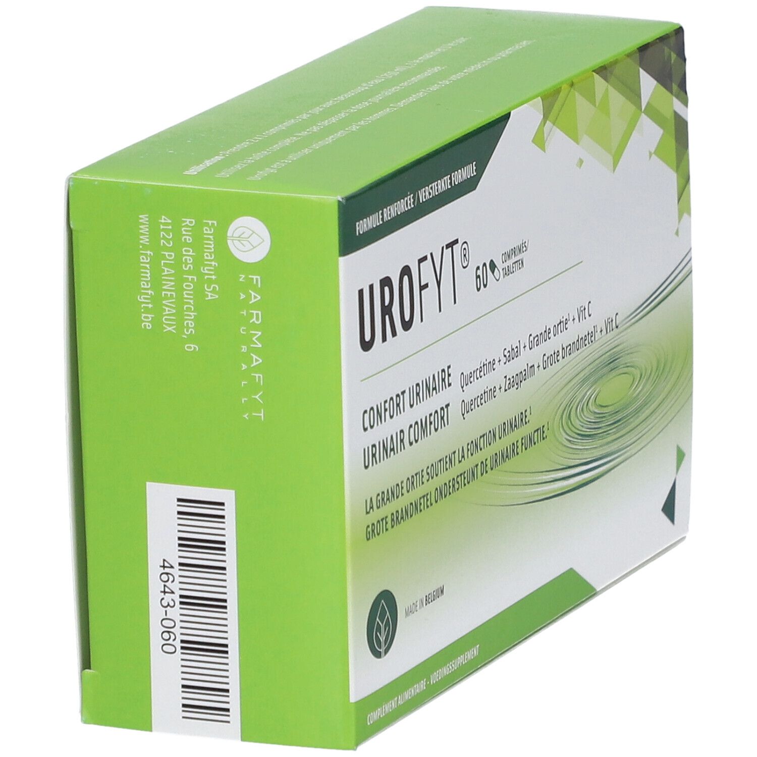 Boîte Urofyt® dans un emballage vert. Inscription: Urofyt®, 60 comprimés. Contient du texte sur les ingrédients et l'adresse du fabricant.