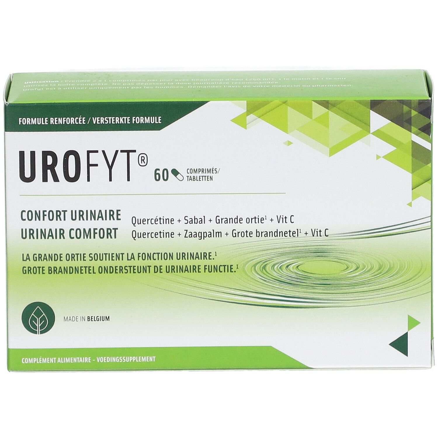 Boîte verte Urofyt® avec logo et texte. Contient 60 comprimés. Inscription: Confort Urinaire, Quercetine, Sabal, Grande ortie, Vit C.