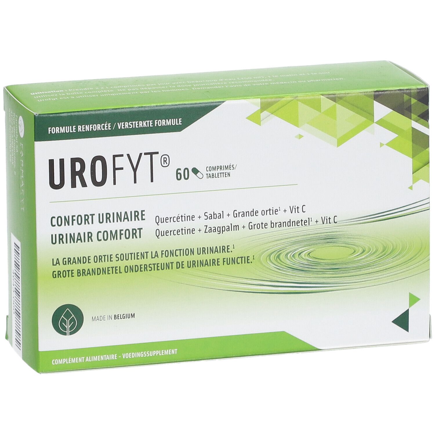 Boîte verte Urofyt® avec logo et texte. Contient 60 comprimés. Inscription: Confort Urinaire, Quercetine, Sabal, Grande ortie, Vit C.