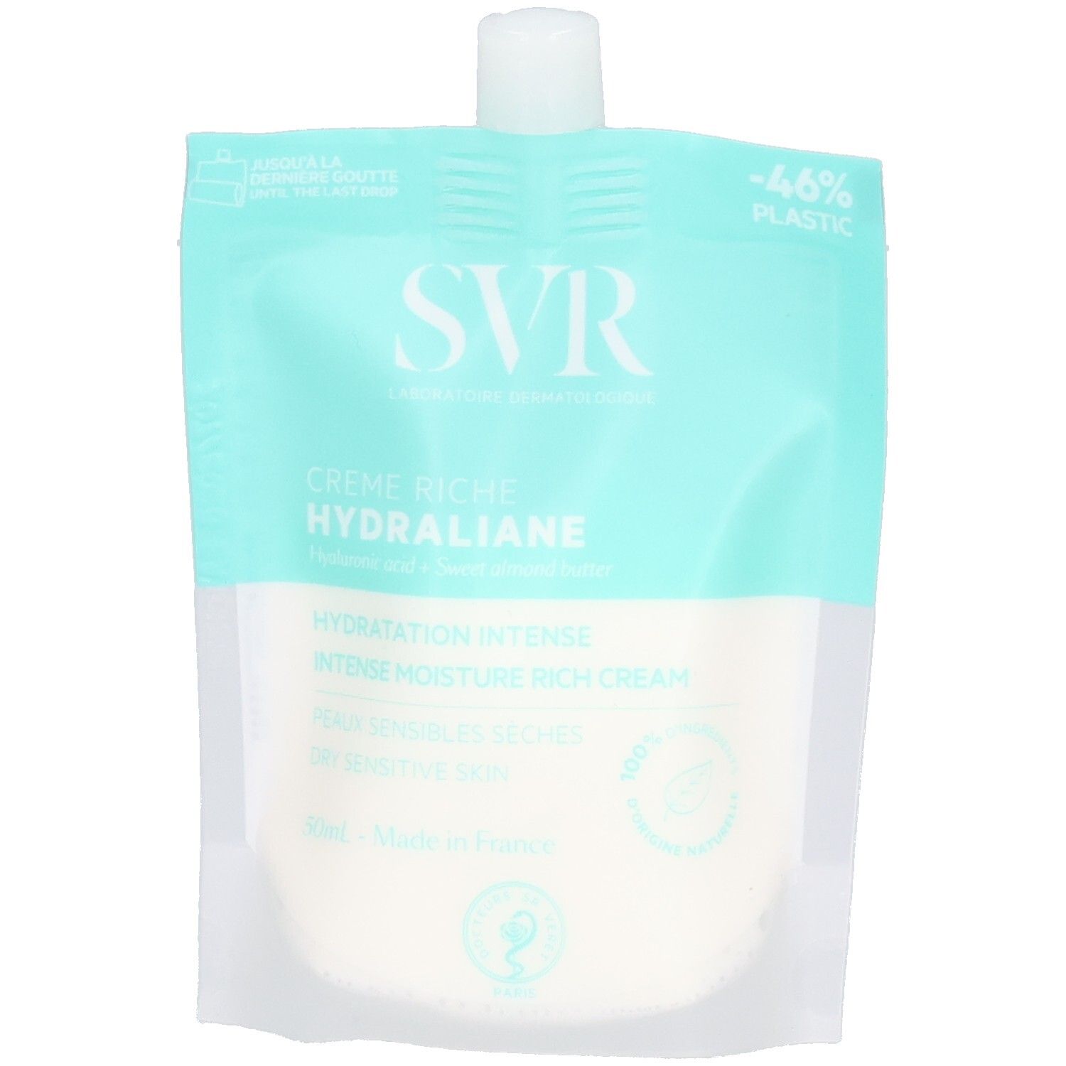 Beutel mit SVR Crème Riche Hydraliane. Türkis-weiße Verpackung. Text: Hydratation Intense, Peaux Sensibles Sèches. Mit Verschluss.