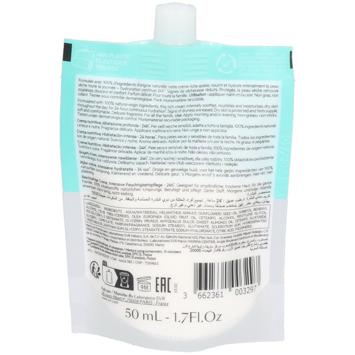 Rückseite des SVR Crème Riche Hydraliane Beutels. Text in mehreren Sprachen. Enthält Inhaltsstoffe, Herstellerinformationen und Barcode.