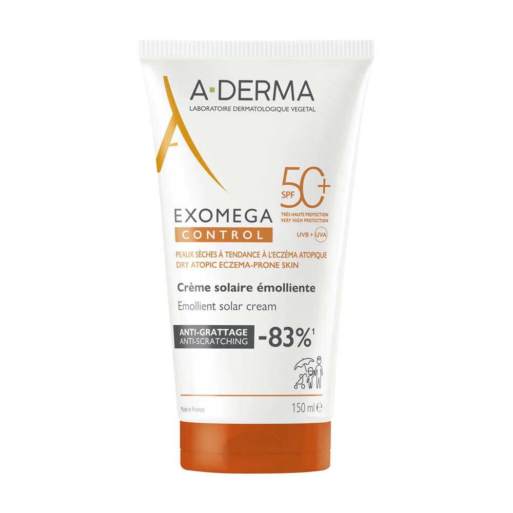 A-Derma Exomega Control Sonnencreme mit LSF 50+ in einer weißen Tube mit orangefarbenem Verschluss.