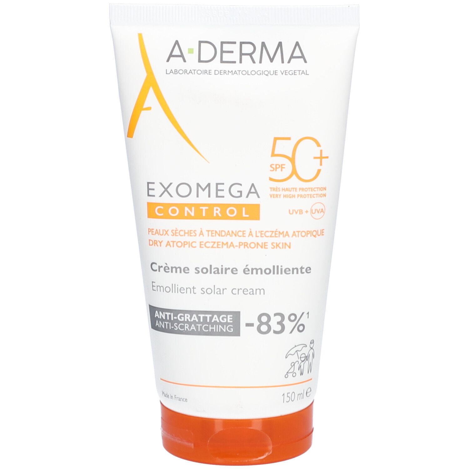 A-Derma Exomega Control Sonnencreme SPF50+ in Tube. Weiß, orange und grüne Schrift. 150ml.