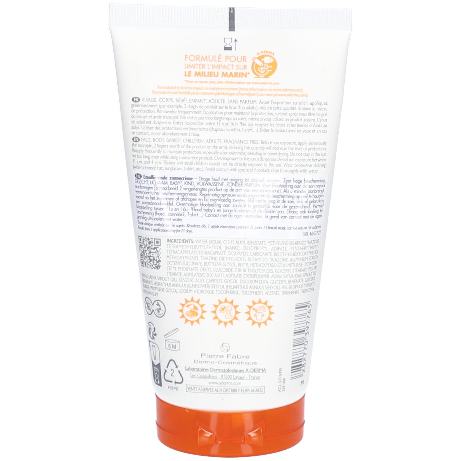 Rückseite der A-Derma Exomega Control Sonnencreme Tube. Text in mehreren Sprachen. Orangefarbener Verschluss.