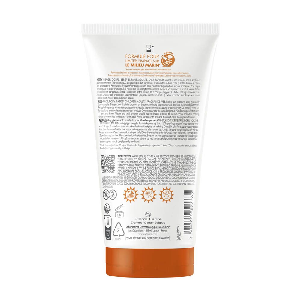 Rückseite einer A-Derma Exomega Control Sonnencreme-Tube mit Inhaltsstoffen und Anwendungshinweisen.