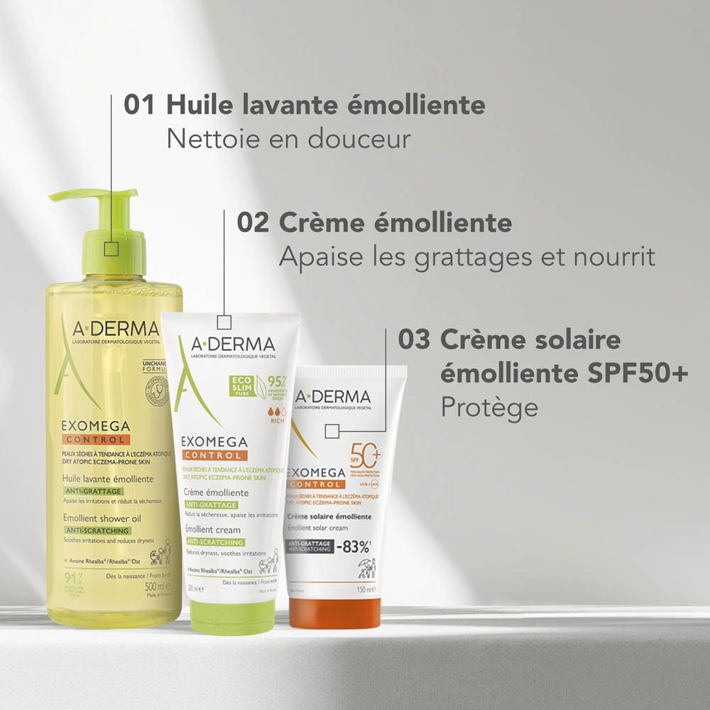 Drei A-Derma Exomega Control Produkte: Duschöl, Creme und Sonnencreme SPF50+. Beschriftungen erklären die Vorteile.