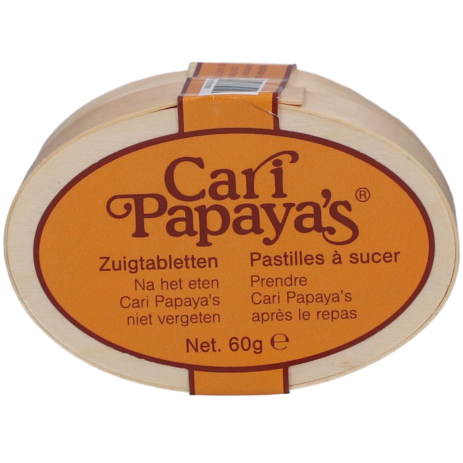 Boîte ovale en bois avec étiquette orange. Inscription: Cari Papaya's, Pastilles à sucer, Zuigtabletten. Net 60g.