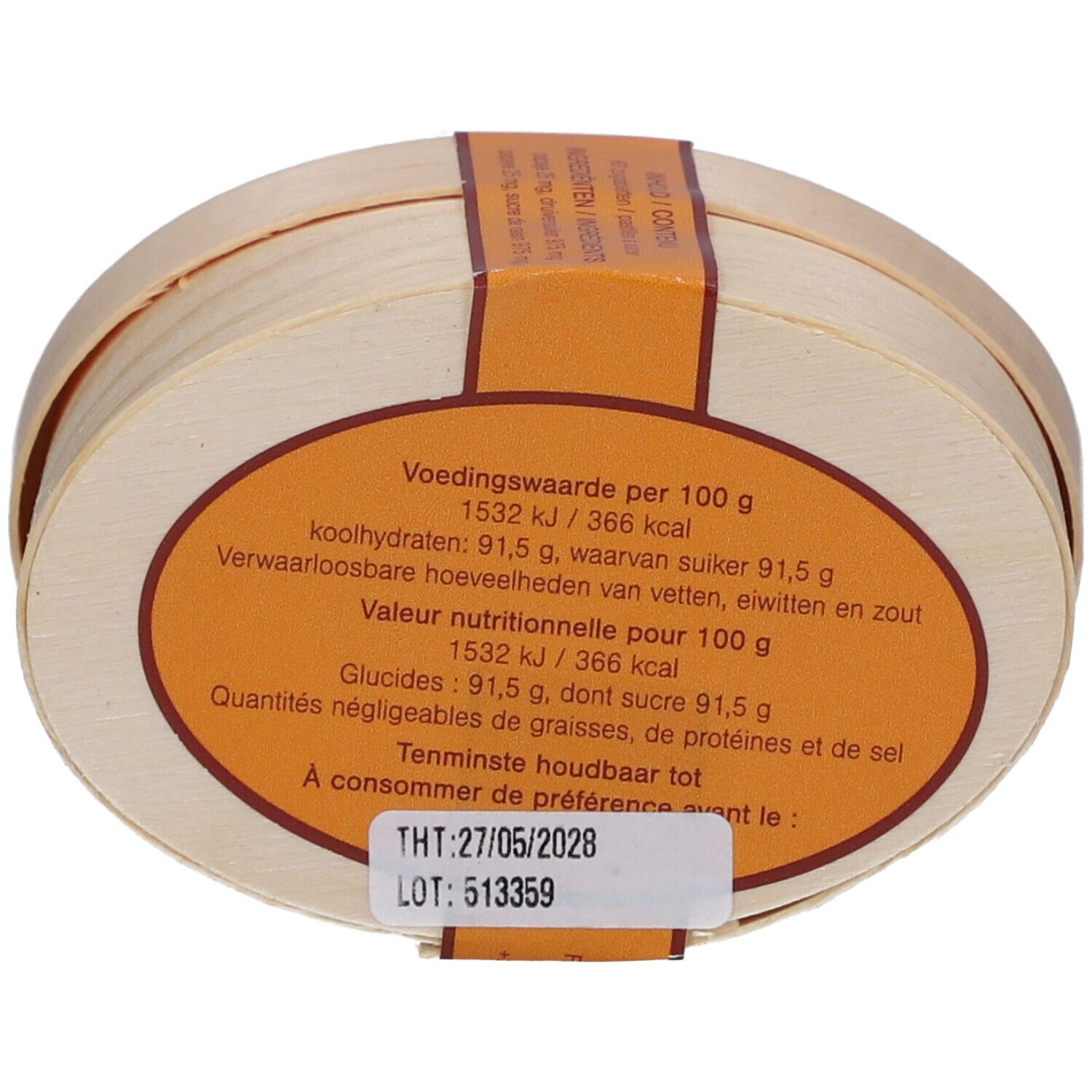 Dos de la boîte en bois avec étiquette orange. Informations nutritionnelles et date de péremption: 27/05/2028. Numéro de lot: 513359.