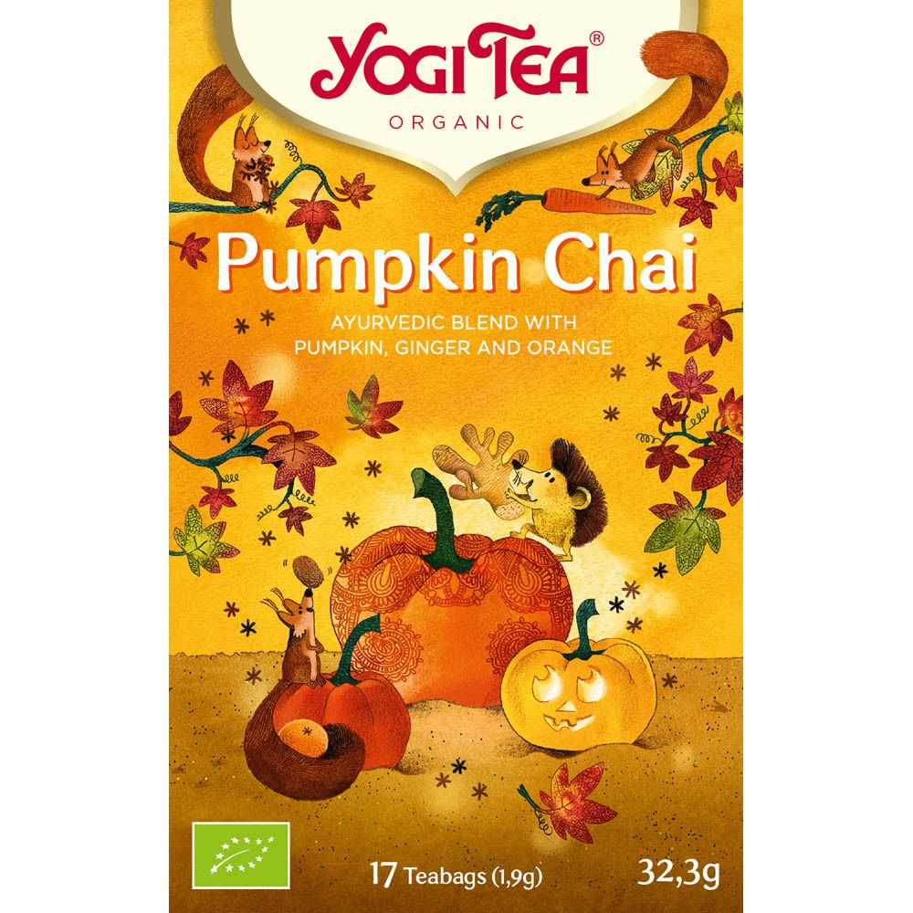 Boîte jaune Yogi Tea Pumpkin Chai. Contient 17 sachets de thé. Label bio.