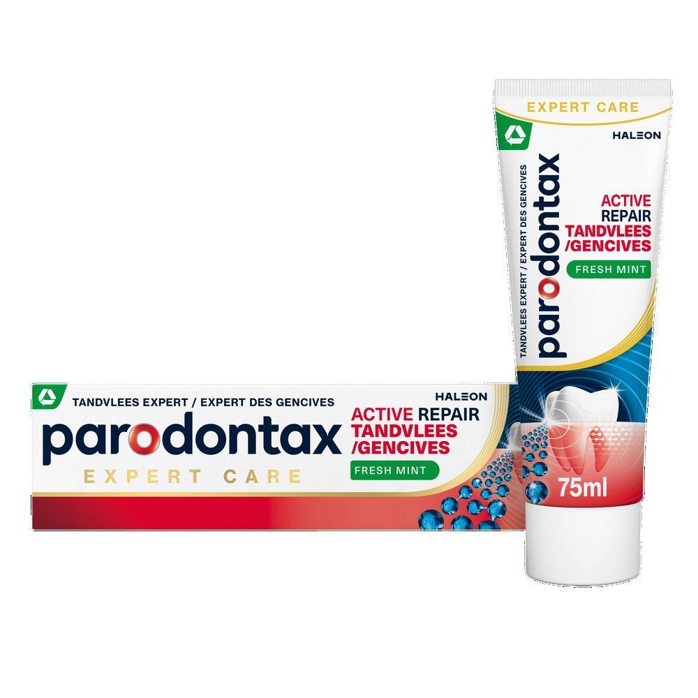 Tube et emballage de dentifrice. Marque: parodontax. Texte: ACTIVE REPAIR TANDVLEES/ GENCIVES. FRESH MINT.