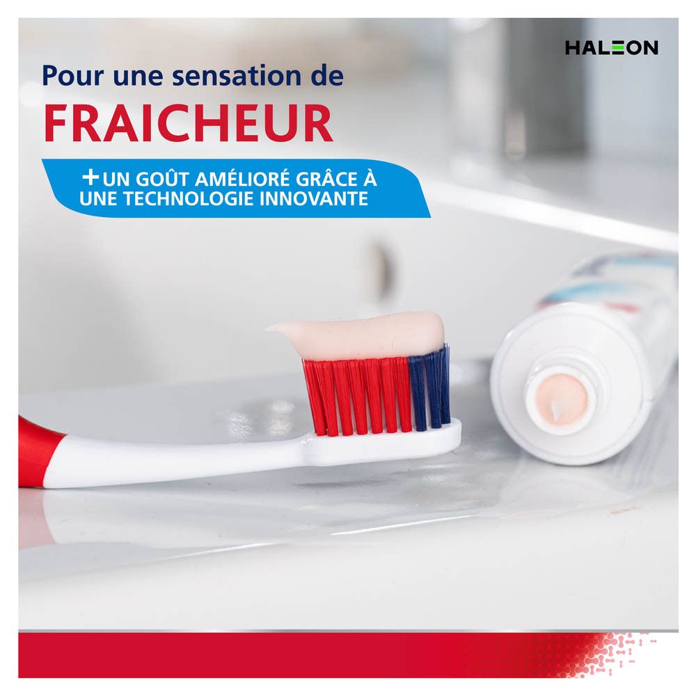 Tube et emballage de dentifrice. Marque: parodontax. Texte: ACTIVE REPAIR TANDVLEES/ GENCIVES. FRESH MINT.