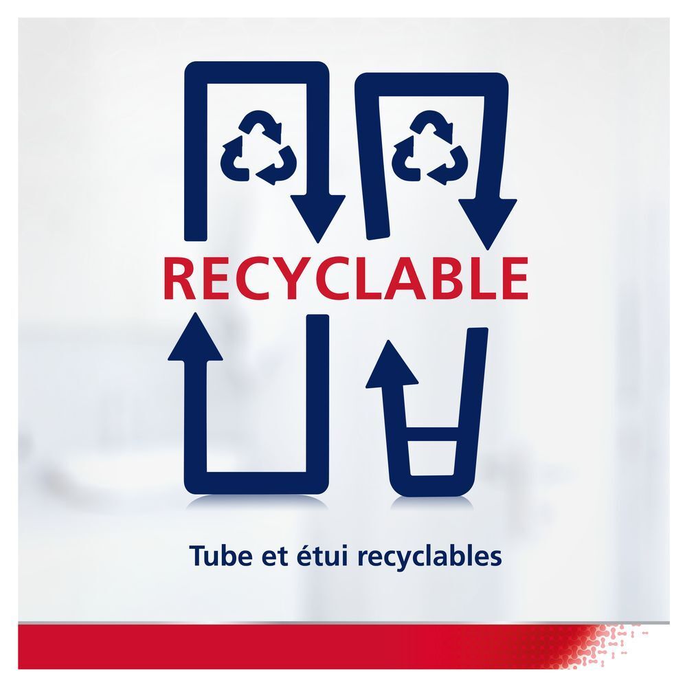 Symboles de recyclage. Texte: RECYCLABLE. Tube et étui recyclables.