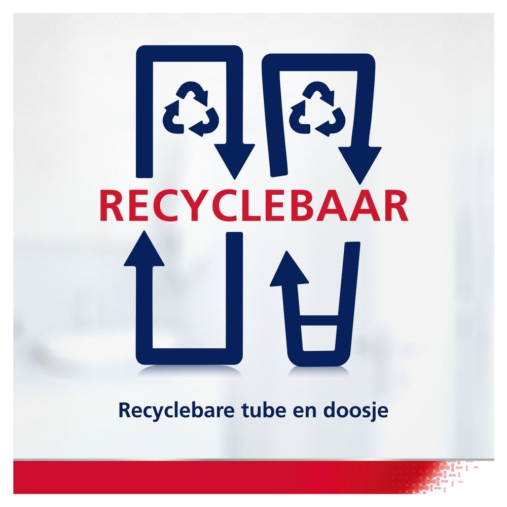 Symboles de recyclage. Texte: RECYCLEBAAR. Recyclebare tube en doosje.