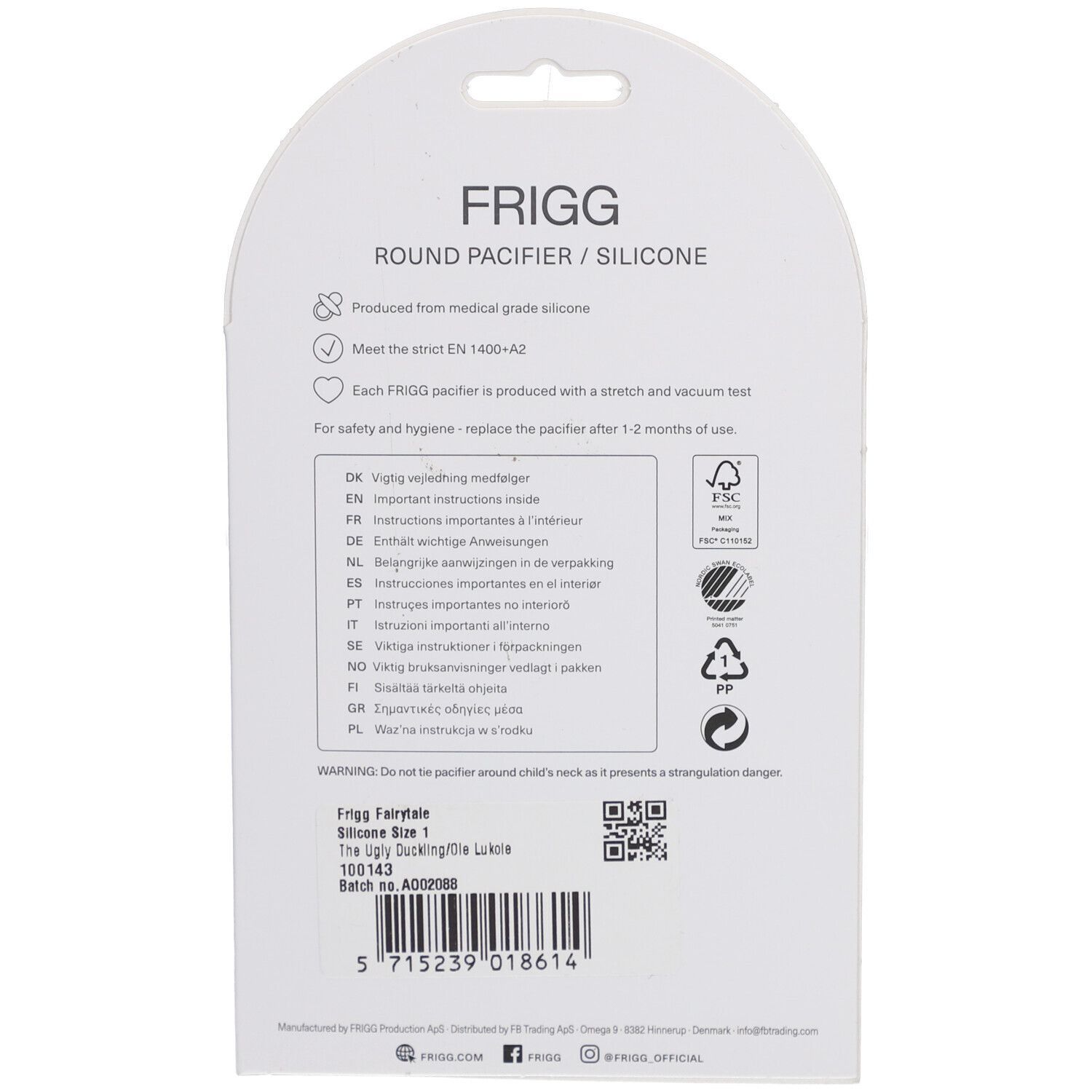Rückseite der Verpackung. Text: FRIGG, runder Schnuller/Silikon. Informationen zur Sicherheit und zum Material.