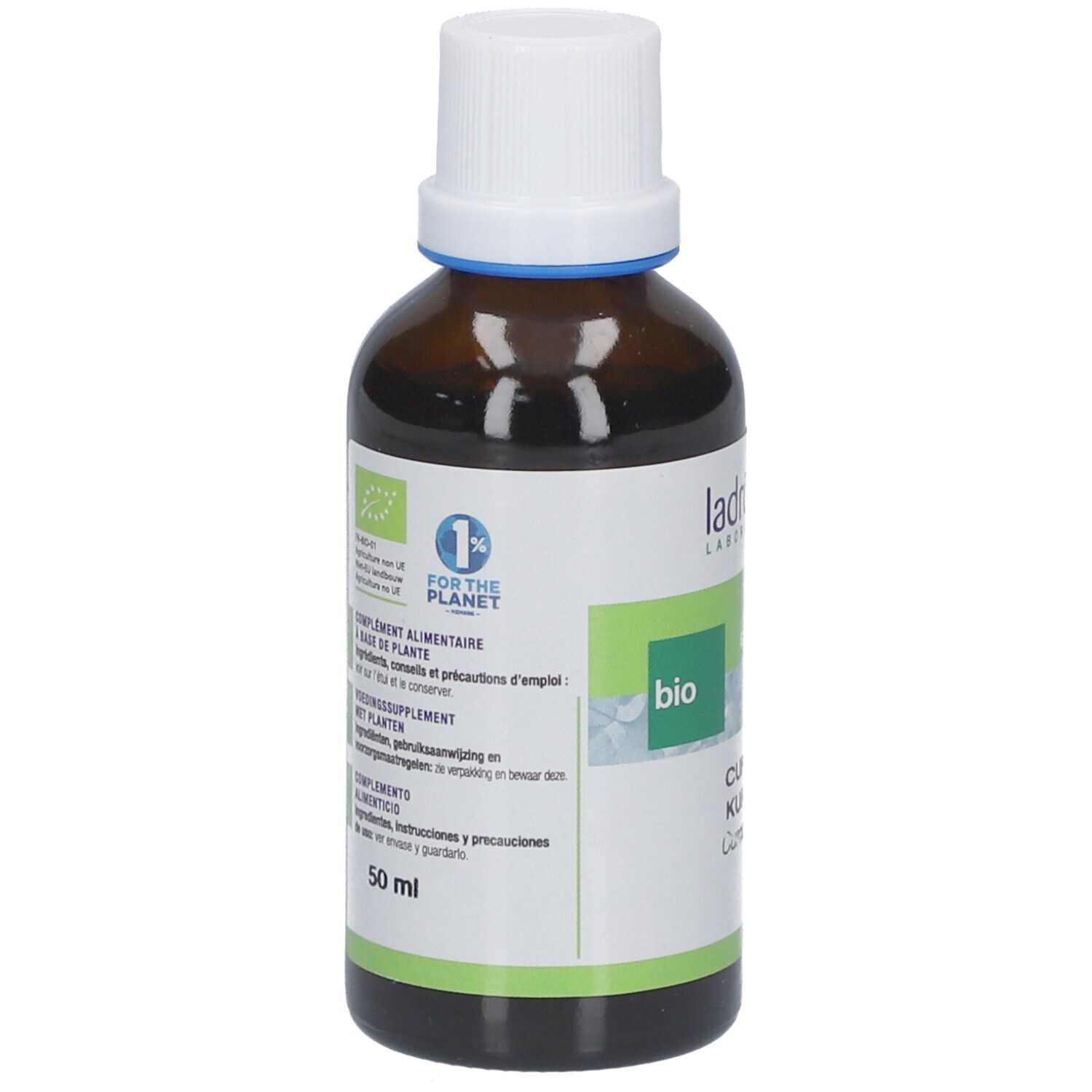 Braune Glasflasche mit weißem Deckel. Etikett mit Produktnamen, Bio-Siegel und 1% for the Planet. Text: Curcuma, Kurkuma, Curcuma longa.