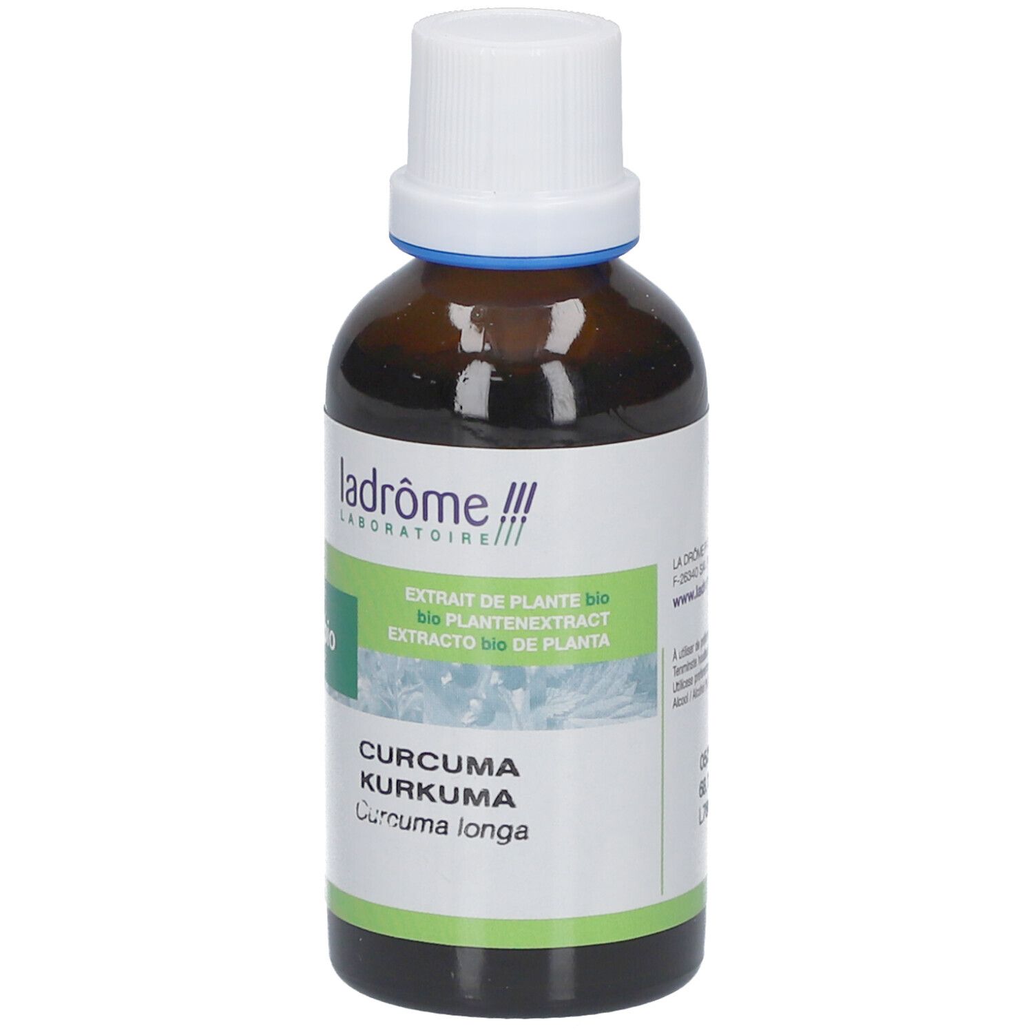 Braune Glasflasche mit weißem Deckel. Etikett mit Produktnamen und Bio-Siegel. Text: Curcuma, Kurkuma, Curcuma longa.