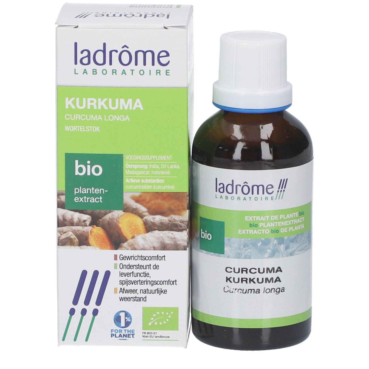 Produktflasche und Verpackung. Flasche mit weißem Deckel, Verpackung grün. Text: Kurkuma, Curcuma longa, Bio, Pflanzenextrakt.