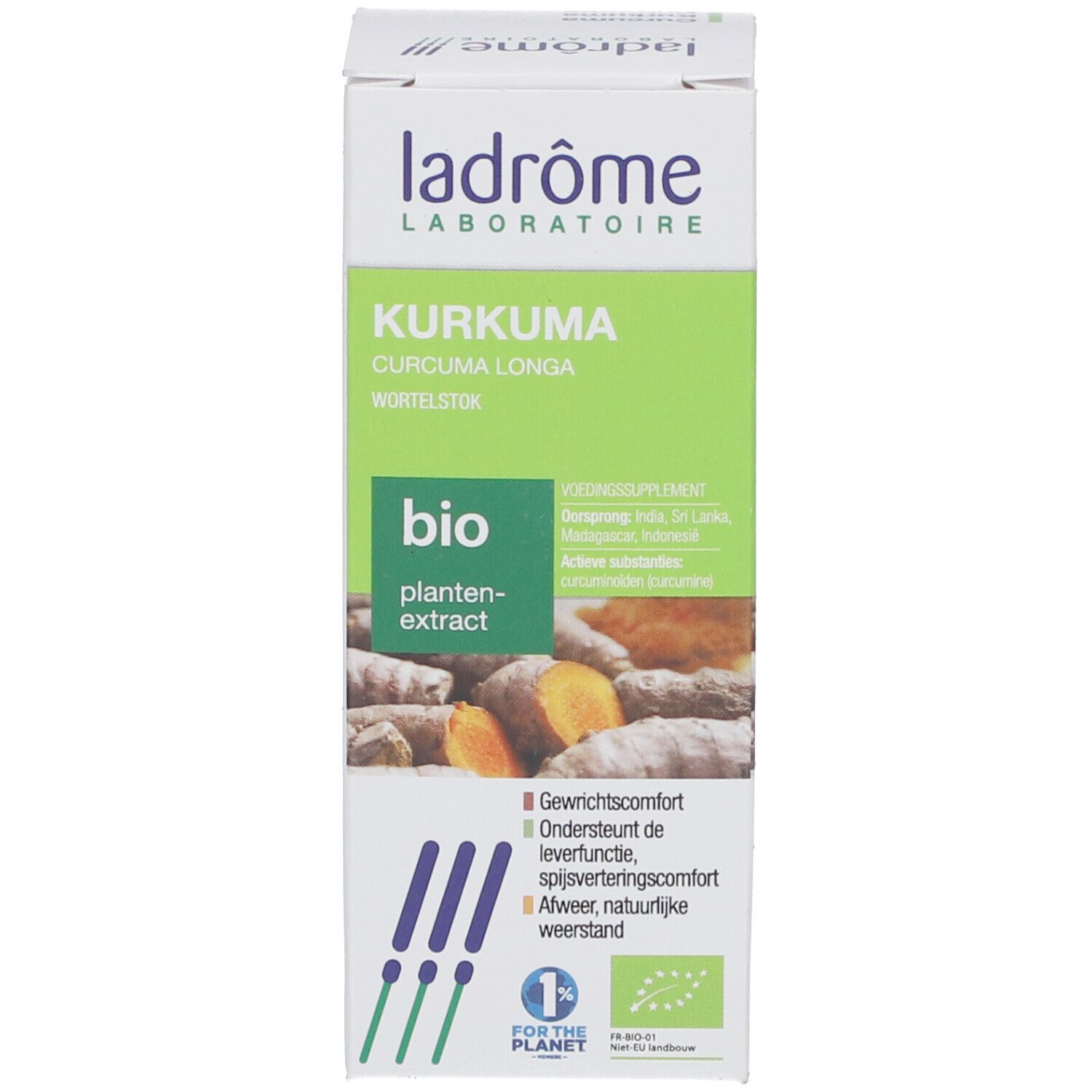 Grüne Verpackung. Text: Kurkuma, Curcuma longa, Wurzelstock, Bio, Pflanzenextrakt. Abbildungen von Kurkumawurzeln.