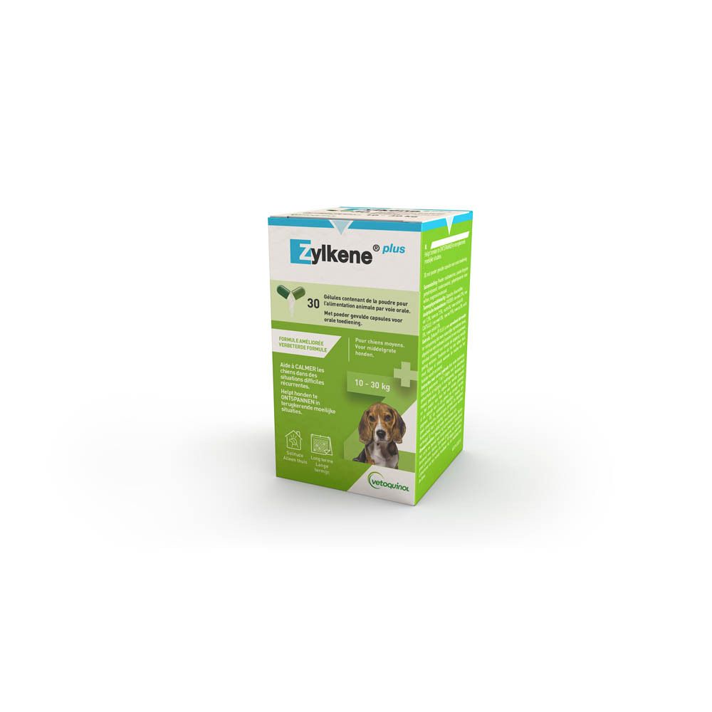 Boîte ZYLKENE® plus. Contient 30 gélules. Image d'un chien. Pour chiens de 10-30 kg. Boîte verte.