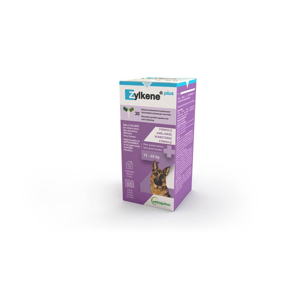 Boîte ZYLKENE® plus. Contient 30 gélules. Pour chiens 15-60 kg. Logo Vetoquinol. Boîte violette et blanche avec chien.