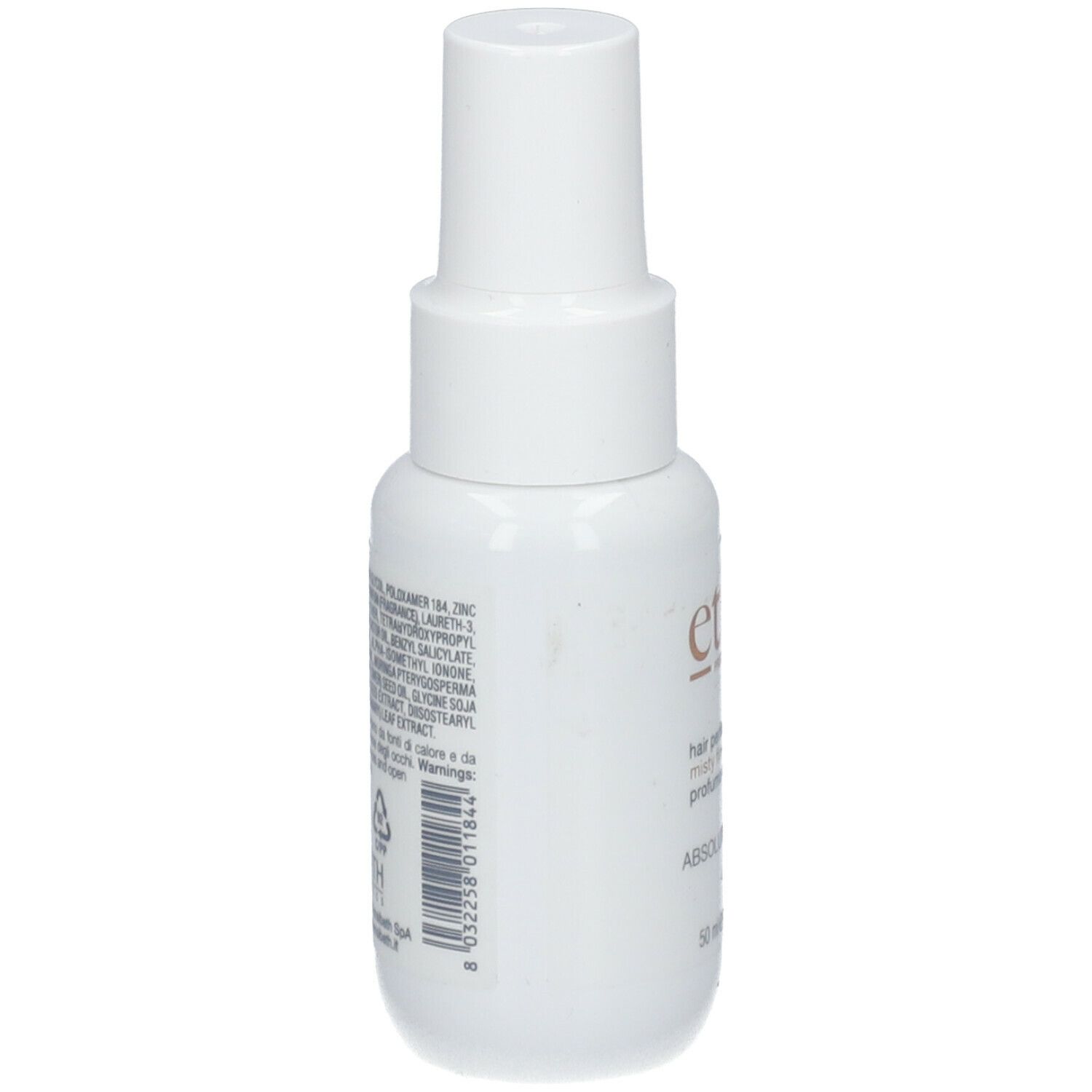 Flacon de parfum capillaire blanc avec texte au dos. Contient ingrédients et avertissements. 50 ml.