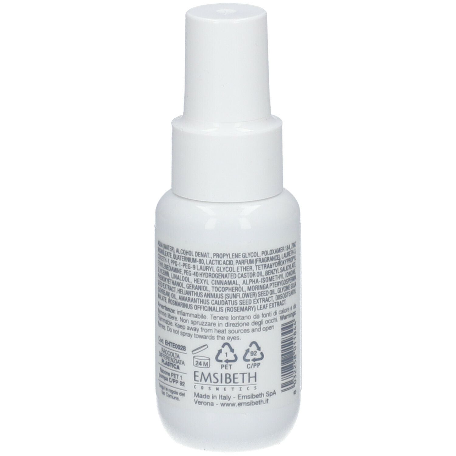 Flacon de parfum capillaire blanc avec texte au dos. Contient ingrédients et avertissements. Fabriqué en Italie.
