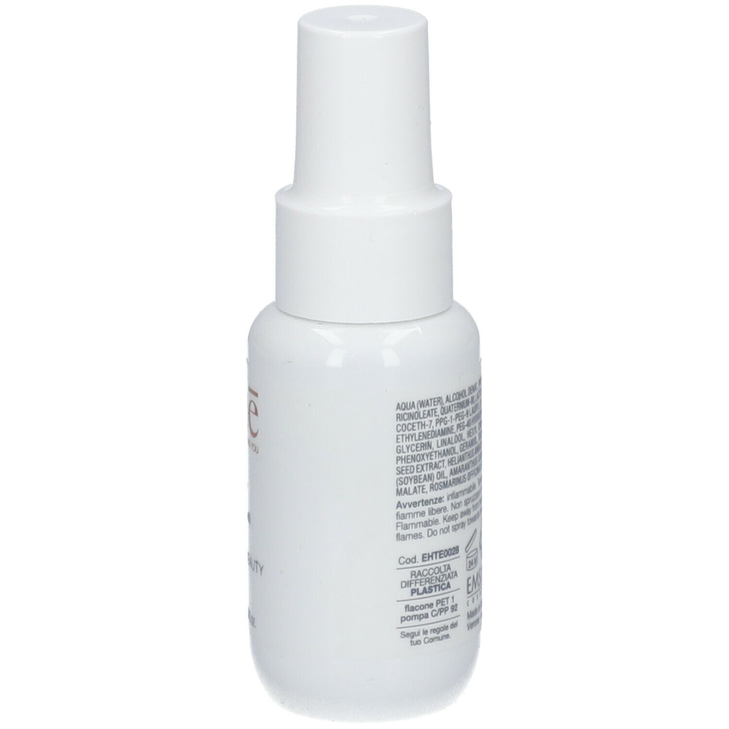Flacon de parfum capillaire blanc avec texte au dos. Contient ingrédients et avertissements. 50 ml.