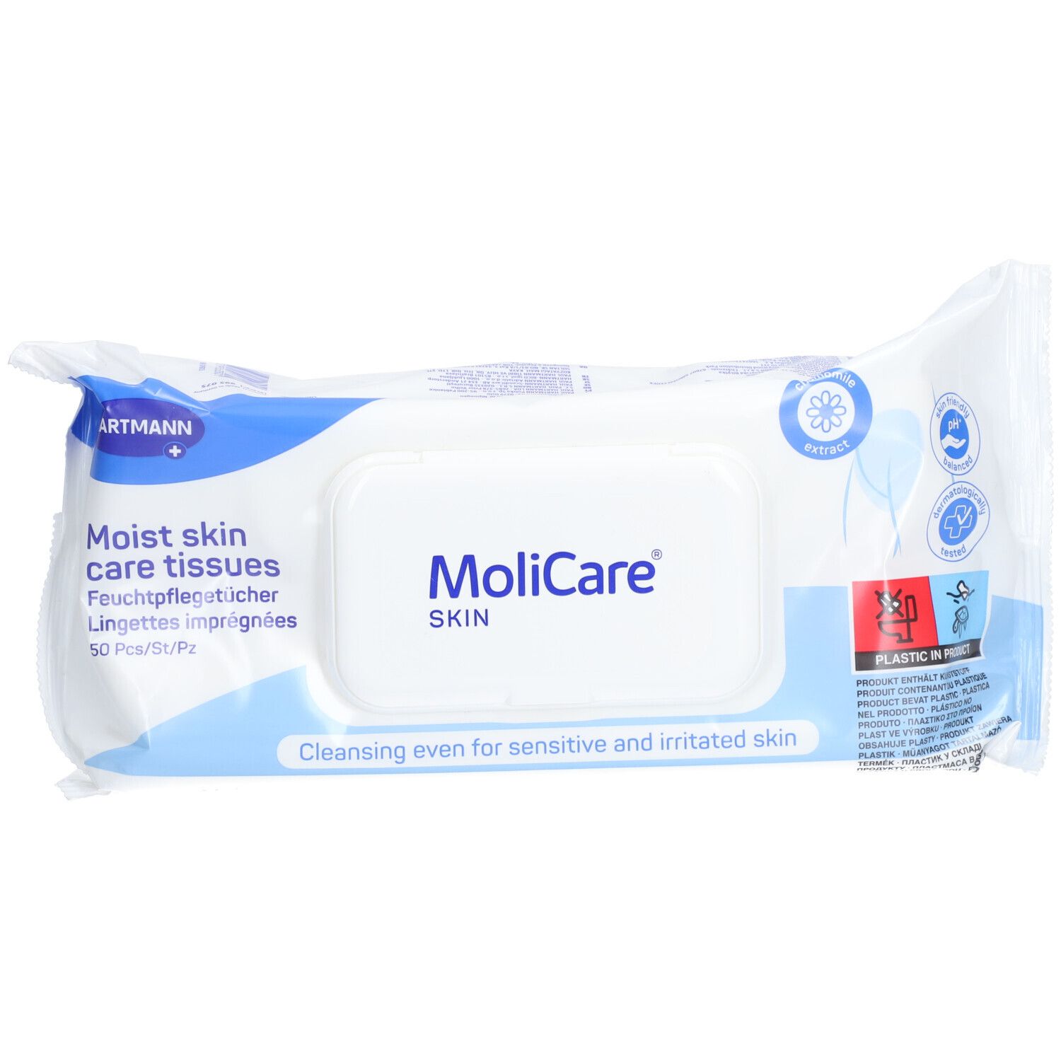 Verpackung MoliCare Skin Feuchttücher, 50 Stück. Für empfindliche Haut.