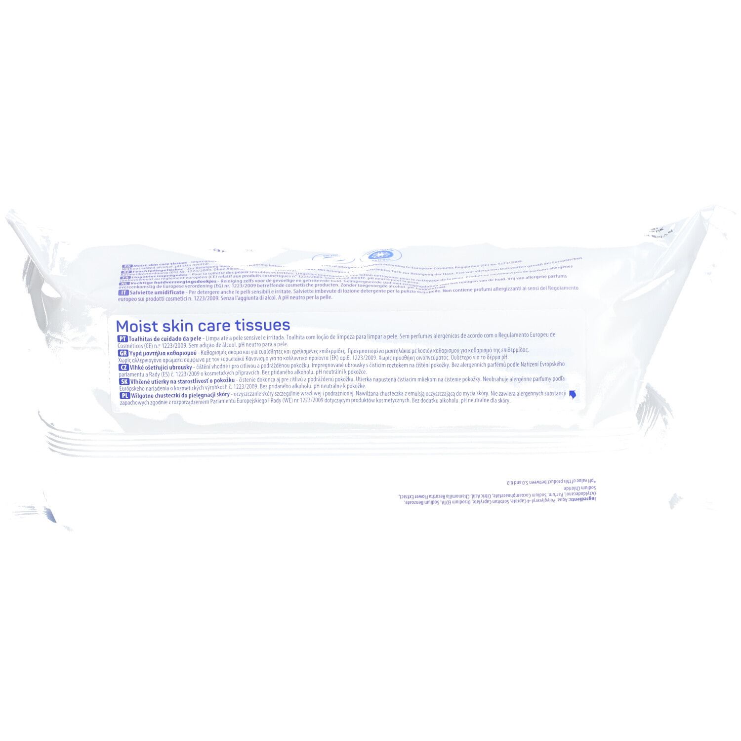 Rückseite der Verpackung MoliCare Skin Feuchttücher mit Produktinformationen in mehreren Sprachen.